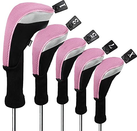 Andux 5pcs/Set Golf 460cc Driver Fairway Wood Club Head Covers Long Neck Black/Pink