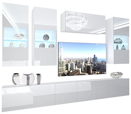 BELINI Wohnwand Vollausstattung Wohnzimmer-Set Moderne Schrankwand mit LED-Beleuchtung Anbauwand TV-Schrank Weiß