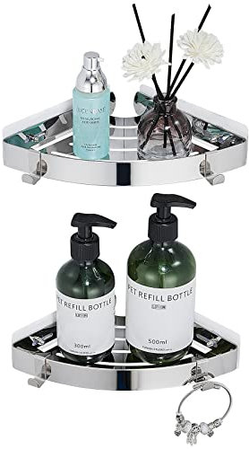 Hoomtaook Etagère Douche d'angle sans Perçage,Rangement Salle de Bain Douche Accessoire Salle de Bain Support Porte Savon Douche Antirouille Acier Inoxydable SUS304 Lot de 2 Pièces Crochets, Argent