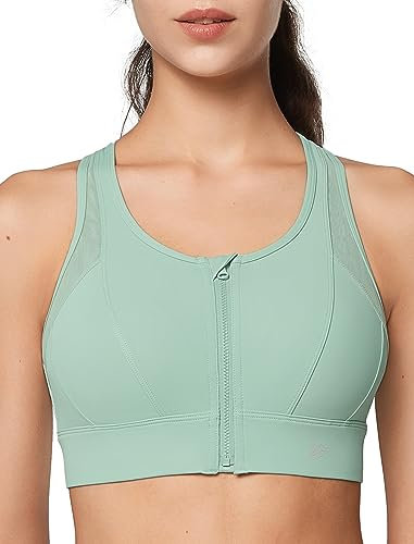 Yvette Starker Halt Sport BH Große Brüste mit Vorderverschluss Mesh Ringerrücken Ohne Bügel für Fitness Lauf, Grün,M Große Größen
