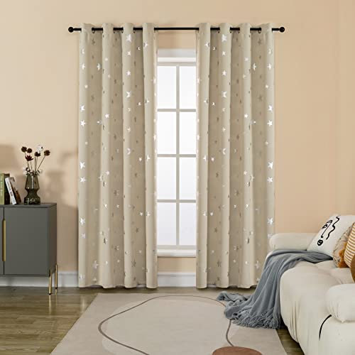 GIRASOLE HOME® Coppia Tende Oscuranti Morbide Fantasia Stelle Argentate Tenda Morbida per Interni con Occhielli 2 Pannelli (Beige, 140x235cm)
