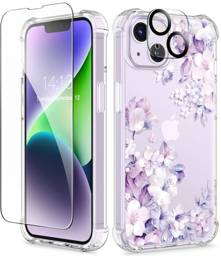 GVIEWIN Compatible with iPhone 14 Case 6.1 Inch 2022,with Tempered Glass Screen Protector+Camera Lens Protector, Flower Clear TPU Slim Bumper Shockproof Protective Soft Cover, Foliolosa/Purple