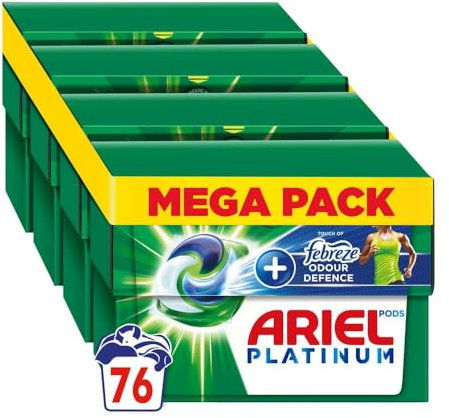 Ariel All-in-1 PODS Laundry Detergent Washing Liquid Tablets/Capsules, 76 Washes (4x19), Stain Remover For Clothes, Platinum + Touch Of Febreze Odour Defence, Deep Down Clean And Anti-Odour Action
