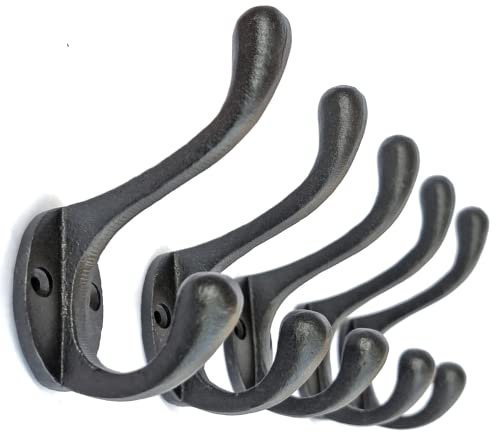 5 Pack Decorative Cast Iron Heavy Duty Double Hooks, Wall Mounted Coat Hooks, Vintage Inspired (Antique Black) (Cornish Hook)