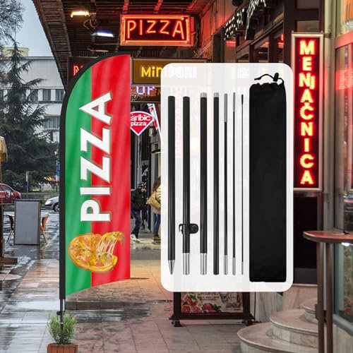 QSUM Pizza Plume Drapeau, 8FT Pizza Drapeau Publicitaire avec Kit Poteau, Piquet de Sol, Signs Publicitaire Exterieur Adapté Pour publicité en magasin et Extérieur