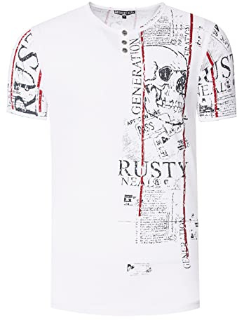 T-Shirt Herren S - 3XL Kurzarm Rundhals Henley-Knopfleiste Seitliche Front Prints Tshirt Verwaschen 294