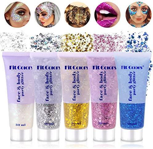 Body Glitter Gel, Vegena 5 Bottle Glitzer Gesicht, Chunky Glitter, Schminke Karneval Face Glitters für Kosmetik Gesicht Haare Lippen Nägel Festival Party Make Up (Weiß+Silber+Gold+Rosa+Blau)