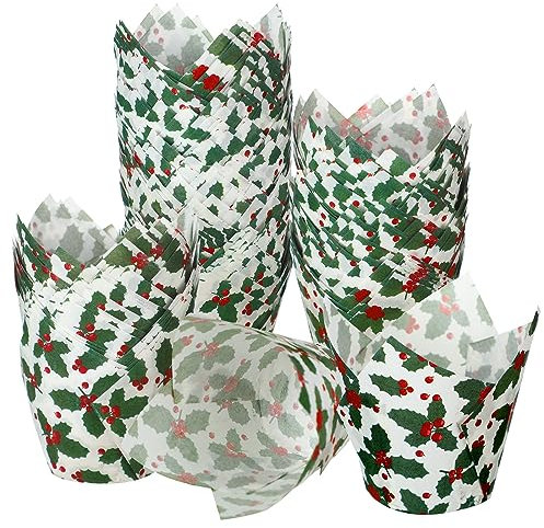 Uiifan 200 Pcs Green Tulip Cupcake Christmas Wrappers Liners Tulip for Baking Holly Cupcake Liners Mini Baby Shower Cupcake Baking Rustic Birthday Party Decorations for Bridal Shower Wedding Festival