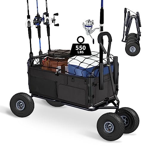 Collapsible Fishing Cart w/11’’ All-Terrain Wheels for Sand,550lb Large Capacity Beach Wagon Heavy Duty Garden Cart with Rod Holders,Umbrella Holder and Storage Pockets