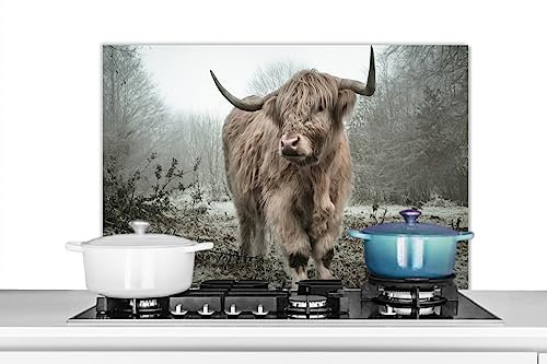 KitchenYeah© Spritzschutz Küchenrückwand Platte Kuchendeko Aluminium Platte Kitchen Wall Protector Rückwand KücheSchottisches Hochlandrind - Kuh - Herbst - Tiere - Fell - Wald - 80x55 cm