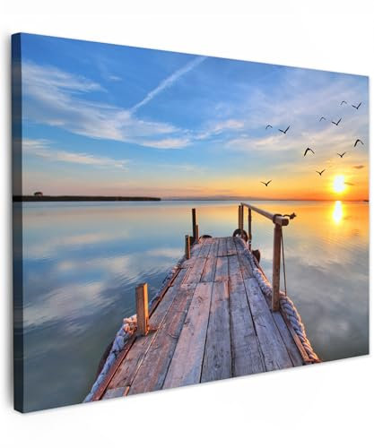 MuchoWow© Wandbilder 80x60 cm Wohnzimmer Wanddeko Schlafzimmer Zimmerdeko Fotowand Zimmer Deko Wand Dekoration Wall Art Bilder Natur - Wasser - Steg - Vögel - Sonnenuntergang - Horizont