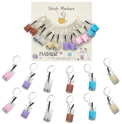 PLIGREAT 12 Stück Mini Bubble Tea Maschenmarkierer Stricken Verriegelungsmarker für Frau Oma Weben Nähen Quilten DIY Geschenke Schmuckherstellung Zubehör Häkelmarkierer mit Hummerschere Spangen