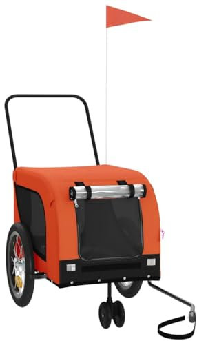 vidaXL Fahrradanhänger für Hunde, Hundeanhänger mit Reflektoren Flagge, Hundetransporter Maximale Belastbarkeit 45 kg, Haustier Transportwagen, Orange Schwarz Oxford-Gewebe Eisen