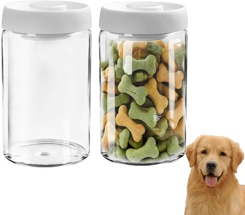 2PCS Pet Food Storage Container, Transparent Glass Dog Treat Storage Jar, 1.2L Vacuum Sealed Container, Pet Treat Container Airtight to Keep Treat Fresh for Dog, Cat, Kitchen, restaurant or coffee