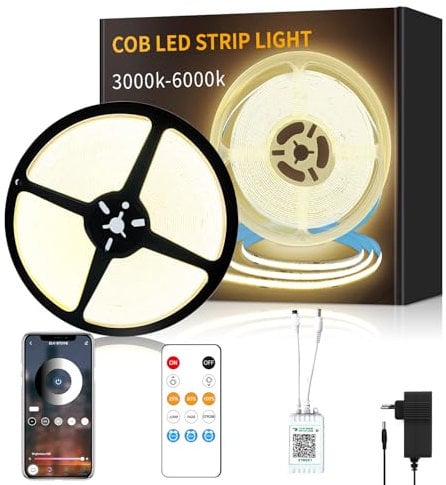 Yeewhale cob Led strip 15m,APP Steuerung,mit Fernbedienung, DC24V 3000k Warmweiß LED band,flexible Dimmbar COB LED Streifen, anwendbar auf Schlafzimmer, Raum,DIY Dekoration