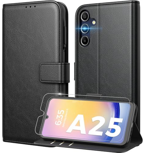 Peakally Coque pour Samsung Galaxy A25 5G[ Verre Trempé Protection *1 ] [ Blocage du Signal RFID ] [ Premium PU ] [ Pochette de Portefeuille ] Etui à Rabat pour Samsung Galaxy A25-Noir