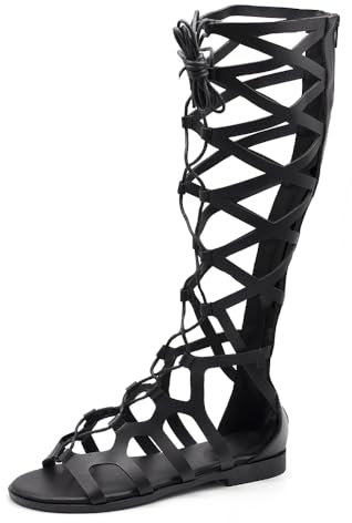 IF Fashion Scarpe Sandali Gladiatore Stivali Estivi Alti al Ginocchio da Donna Stringati L7211 Nero N.38