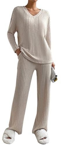 Joligiao Damen Lounge Set Zweiteiler Trainingsanzug Rundhals Einfarbig Loungewear Gerippt Longsleeve Schlafanzüge Shirt Top Langärm mit Hose 2-Teiliges Nachtwäsche Hauskleidung(Beige,M)