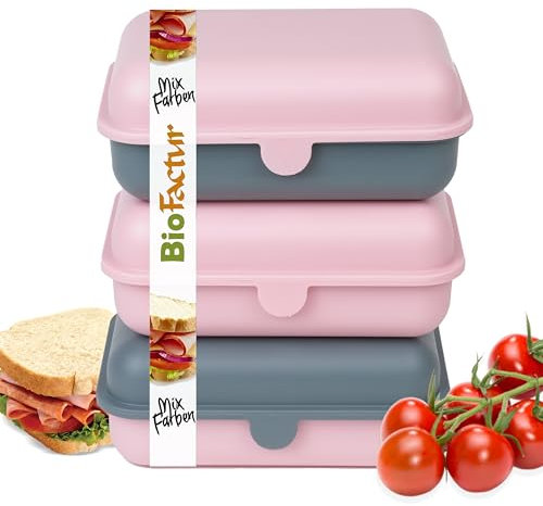 BioFactur Brotdose Erwachsene,Kinder | 3er Jausenbox Kinder | BPA Frei Vesperbox | Butterbrotdose SpüLmaschinenfest | Austauschbarem Deckel | Frühstücksbox | Made in Germany (3 er Pink-Grau)
