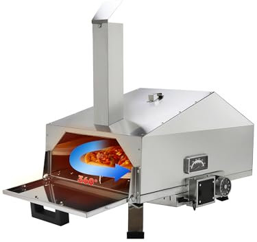 CYBER Serie Pizzaofen für draußen, 360° Automatisch Drehbarer Holzofen mit 12“ Pizzastein, Tragbarer Edelstahl-Grill für Gartenpartys, Camping und Picknicks