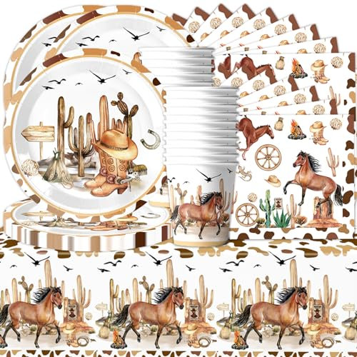 Shamoparty 61-Piece Western Cowboy Party Tableware Set, Brown Mustang Party Decorations, Includes Plates, Cups, Paper, Napkins, Table Cloth for 20 People