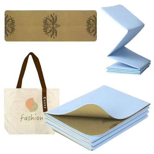 Enssy Reise-Yogamatte aus Kork, faltbar, klein, 173 x 61 cm, 0,4 cm, mit Tragetasche, leichtes Pilate-Design