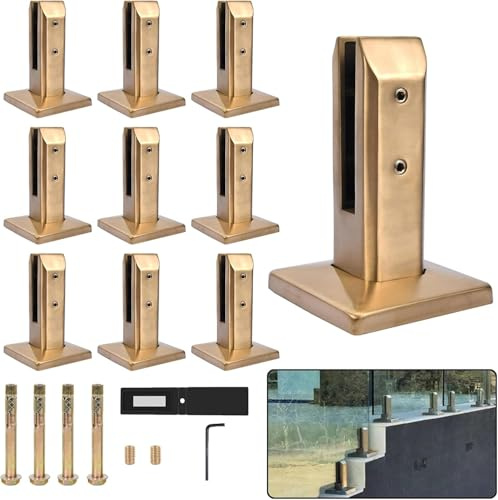 GLFNB Soporte de Estante con Abrazadera de Vidrio de Acero Inoxidable con Junta para barandilla de balcón, Poste de Escalera, Piezas de barandilla de Valla de Piscina, Soporte de Vidrio, Dorado, 1