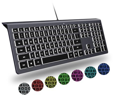 B.FRIENDIT Backlit Wired USB Keyboard, Comfortable Quiet, Low Profile Flat Chocolate/Scissor Keys, Durable Ultra-Slim for Windows 11/10 / 8/7 / Vista Desktop PC, Laptop - Black Grey