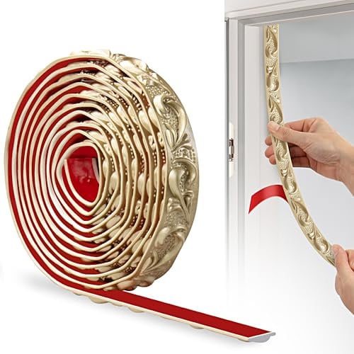 JUNART PVC Moldings Trim, 300cm×2cm, 3D Wallpaper Border, Coving for Ceilings, Flexible Ceiling Moulding Trim for Mirror Edge, TV Background Wall, Skirting Boards, Cabinet, Wall(Champagne Gold)