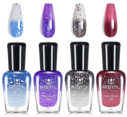 Colour Changing Nail Polish - 4pcs Thermal Temperature Changing Nail Varnish - Rainbow Colour Mood Glitter Nail Polish - Glitter Blue Purple Black Red Nail Varnish Gift Set For Women