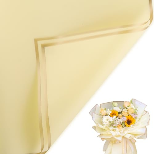 20 Blätter Blumenstrauß Geschenkpapier Wasserdicht Blumenpapier Blumenpapier für Hochzeit Geburtstag Party Dekoration Geschenkpapier DIY Kunsthandwerk 57 x 57 cm (hellgelber und goldener Rand)