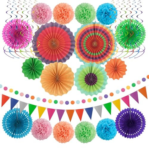32Pcs Paper Fan Party Decoration Set Mexican Birthday Party Decor,Colorful Hanging Paper Fans Pom Poms Flowers Swirls Garlands String,Polka Dot Triangle Bunting Flag for Fiesta Wedding Party Supplies