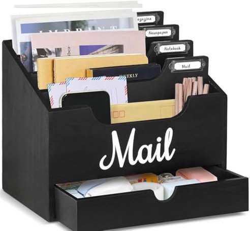 Niciksty Wood Desktop Mail Organizer, Mail Organizer Countertop with 4 Compartments and Drawer, Wood Mail Holder Sorter Holder for File Letter Paper Folder, Black Wooden Desk Organizer