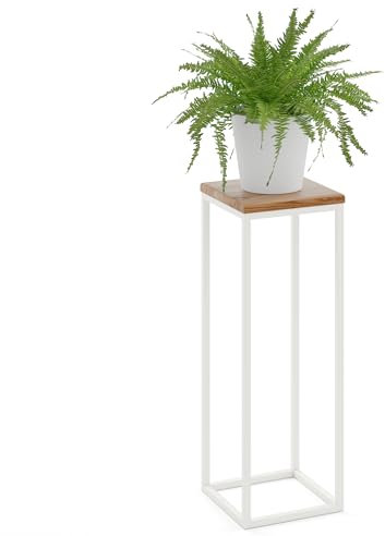LAMO Manufaktur Blumenständer Weiss Metall | Pflanzenständer Holz mit Dunkel Farbe | Blumenhocker hoch 70 cm für Zimmerpflanzen | 100% Echtholz | Sockel für Wohnzimmer Dekoration