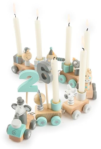 Bieco Geburtstagszug Holz - Scandi Look 0-99 Jahre mit 6 Kerzen - Tischdeko Kindergeburtstag Kerzen Geburtstag Zug Geburtstagszug Mädchen Geburtstagskranz Geburtstagskerzen Zug Geburtstagsring Deko