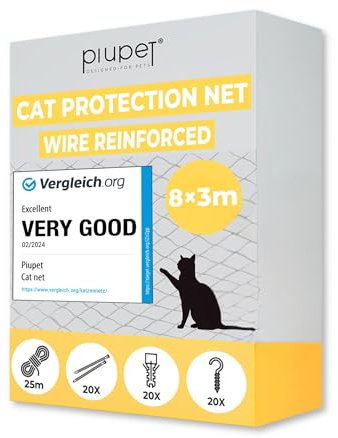 PiuPet® Katzennetz Drahtverstärkt I 8x3m I grün I Befestigungsset inklusive I Katzennetz für Balkon | Katzennetz Balkon | Katzennetz Fenster | Katzengitter Fenster | Katzen Fensterschutz