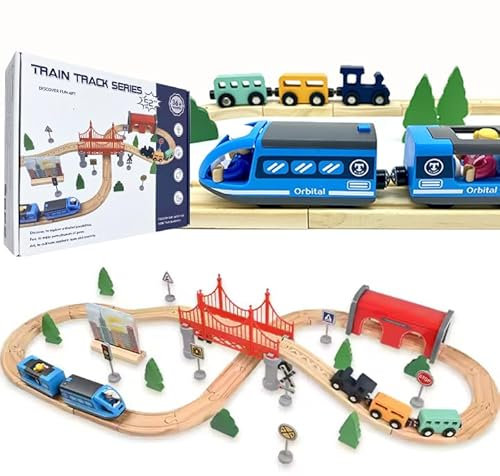 52 Piece Wooden Train Track Set with Battery Powered Train - Wooden Toys For 3, 4, 5 Year Old Boys - Kids First Train Set