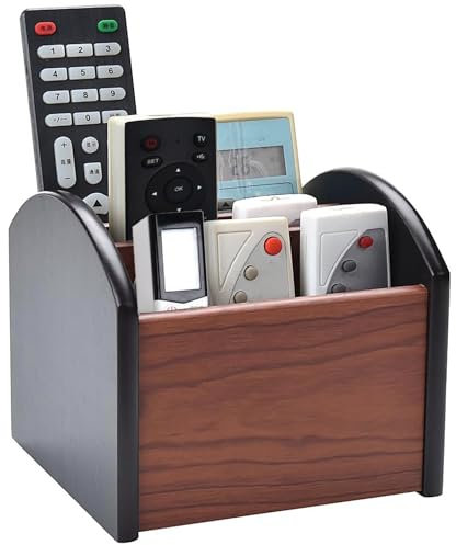 Rotating Remote Control Holder with 4 Compartments, Multifunctional Wood Remote Caddy Desktop Supply Organiser Store Controllers (Retro)
