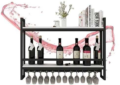 JOSIAHCQ Casier à Bouteilles Porte Bouteille Mural Range Rangement Bouteille Etagere Murale Meuble Bar Salon avec Support Verre a Pied Suspendu pour Comptoir de Bar Salon Cuisine(Nero,60cm/23.6in)
