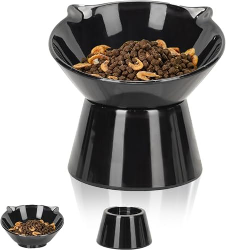 Detachable Raised Cat Bowls, Elevated 15° Tilted Cat Food Dishes, Extra Wide Whisker Friendly Cat Food Bowl, Anti-Vomiting Stress-Free Cat Feeding Bowls for Protecting Spine Cats& Small Dogs, Black