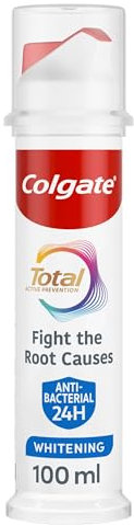 Colgate Total Active Prevention Teeth Whitening Toothpaste 100ml Pump - Fights Root Causes* of Many Oral Health Problems - 24h Antibacterial Protection - clinically Proven - Patented Technology
