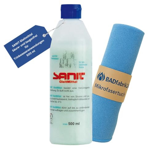 BADfabrik24 SANIT Gleitmittel 500 ml Flasche + Mikrofasertuch – für Trinkwasser geeignet – säurefrei & hautverträglich – ideal für Rohr-, Muffen- & Schlauchverbindungen