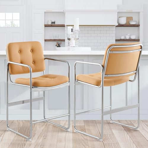 COLAMY Modernes Barhocker Set 2er, PU-Leder Küchen Ergonomische Barstuhl Mit Lehne, Knopfgepolsterte Barhocker mit Metallbeinen für Kücheninsel, Wohnzimmer, Bar, Braun