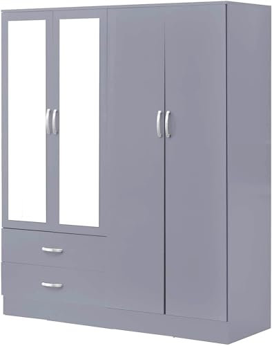 3 Piece Bedroom Furniture Sets Grey High Gloss Bedside Cabinets, Chest of 4 Drawer & 2 Door Wardrobe Hanging Rail 3 or 4 Door Mirror Wardrobes With 2 Drawers (Grey Gloss, 4 Door Mirror Wardorbe)