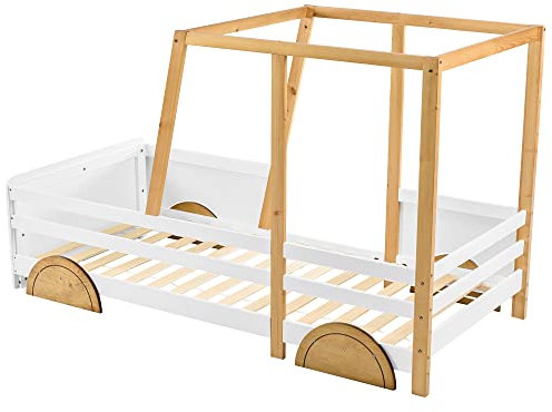 Goldicoo Autobett Kinderbett Holzbett 90x200 für Jungen aus Holz - Kinder Bett mit Lattenrost und Unterbettstauraum - Weiß