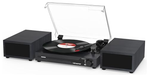 Udreamer Plattenspieler mit 2 Dual-Stereo-Lautsprechern, Vintage Plattenspieler Bluetooth 5.3 unterstützt 3 Geschwindigkeiten, AUX-In, Cinch-Line, USB, kabellose Wiedergabe, Schwarz
