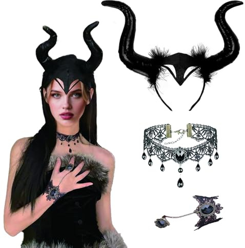 DHWEKU Bandeau Corne de Démon Diable Noir Serre Tête avec Chocker Dentelle pour Maléfique Accessoire Gothique Décoration Halloween Cosplay Femme Fille Carnaval