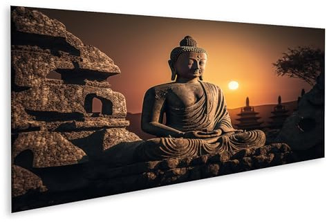 islandburner Bild auf Leinwand Buddha Statue bei Sonnenuntergang im alten Tempelgarten Bilder Wandbilder Poster