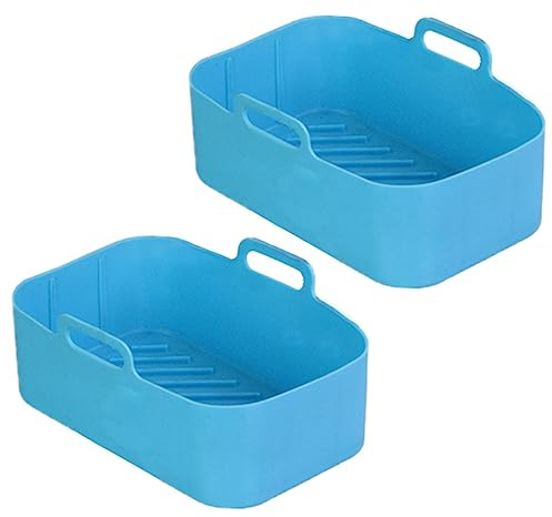 CONGARTENO 2Pcs Blue Silicone Baking Liner with Handle for Air Fryer Basket Heat Resistant Non Stick Pot Liner Reusable Oven Heating Pan Accessories for Even Cooking and Easy Cleaning