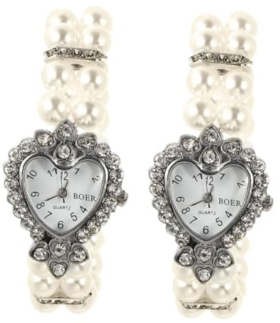 2 Stück-pack Damen Armbanduhr mit Kristallperlen und Quarzwerk | Doppellagiges Elastisches Armband, Weiß mit Herz- und Eckform, für Casual Anlässe und Proms